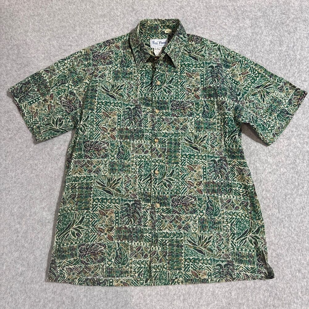 VTG Hawaiian Shirt Kai Nani Mens L Green Tapa Tropical Print Vacation Cruise EUC